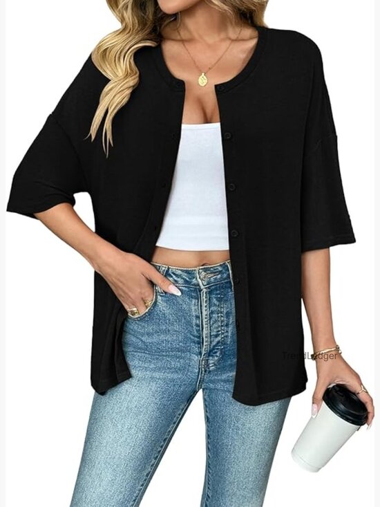 Sweaters - Oversized Short Sleeve Button Down Cardigan Crew Neck Knit Top Summer